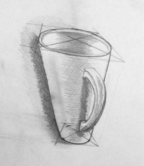 A single point persepctive drawing of a cup that is distorted.